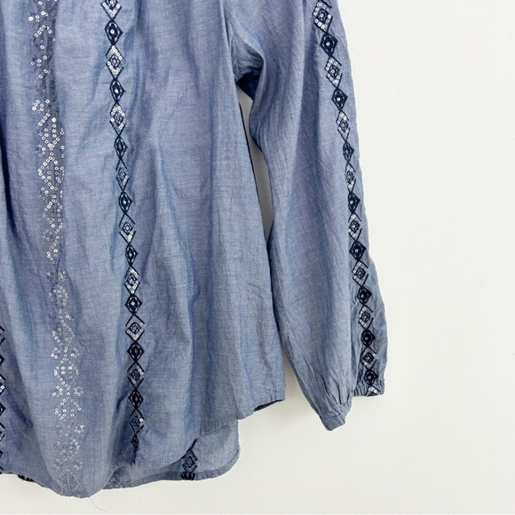 Chico’s 100% Cotton Chambray Embroidered Sequins Coastal Long Sleeves Size 2 - Picture 4 of 16